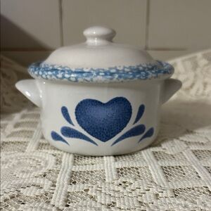 Vintage Corelle Stoneware Blue Heart Covered Soup Crock Handles